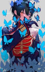 Rule 34 | 1boy, bad id, bad twitter id, black gloves, black hair, blue butterfly, blue eyes, blush, bug, butterfly, earrings, ensemble stars!, gloves, grey background, heterochromia, highres, insect, jewelry, kagehira mika, long sleeves, male focus, mamaladecat, orange eyes, signature, simple background, solo, uniform