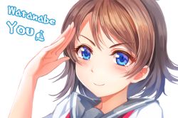 Rule 34 | 10s, 1girl, bad id, bad pixiv id, blue eyes, blush, brown hair, character name, eyebrows, looking at viewer, love live!, love live! sunshine!!, miazi, portrait, salute, school uniform, serafuku, short hair, simple background, smile, solo, watanabe you, white background