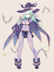 Rule 34 | 1girl, arm behind head, bat (animal), bodysuit, boots, breasts, cape, cleavage, date a live, facing viewer, green eyes, green hair, hands up, hat, highres, jewelry, long hair, medium breasts, natsumi (date a live), navel, see-through, solo, star (symbol), star print, whitel (zou tukasaki), witch hat