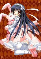 Rule 34 | 1girl, absurdres, argyle, argyle background, argyle clothes, black hair, doll, from behind, gothic lolita, hairband, highres, hugging doll, hugging object, kneeling, kobuichi, lolita fashion, lolita hairband, long hair, looking back, open mouth, red eyes, smile, solo, source request, stuffed animal, stuffed rabbit, stuffed toy, thighhighs, white thighhighs, zettai ryouiki