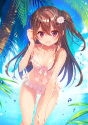 Rule 34 | 1girl, bare arms, bare shoulders, bikini, bikini skirt, breasts, breasts apart, brown hair, cloud, collarbone, commentary request, day, flower, frilled bikini, frills, hair between eyes, hair flower, hair ornament, hairclip, halterneck, halterneck, hand up, long hair, looking at viewer, medium breasts, navel, ocean, one side up, original, outdoors, palm tree, parted lips, purple eyes, sidelocks, smile, solo, stomach, swimsuit, takei ooki, thighs, tree, water, white bikini, white flower