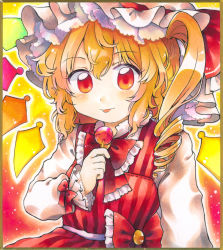 Rule 34 | 1girl, absurdres, alternate costume, blonde hair, bow, candy, commentary, flandre scarlet, food, hair between eyes, hat, hat bow, hat ribbon, highres, lollipop, long sleeves, maa (forsythia1729), marker (medium), mob cap, red bow, red eyes, red ribbon, red skirt, red vest, ribbon, shirt, side ponytail, skirt, striped clothes, striped skirt, striped vest, tongue, tongue out, touhou, traditional media, vest, white headwear, white shirt