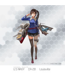 Rule 34 | 10s, 1girl, 2014, aiguillette, aircraft, airplane, artist name, black skirt, black thighhighs, brown hair, buttons, character name, copyright name, double-breasted, full body, highres, honeycomb (pattern), honeycomb background, honeycomb pattern, jeanex, kantai collection, long hair, long sleeves, machinery, military, military uniform, miniskirt, original, pacific (kancolle), pleated skirt, red eyes, salute, shoes, side ponytail, skirt, solo, standing, striped edge, thighhighs, turret, uniform, united states, uss louisville (ca-28)