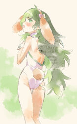 1girl animal_ears ass bare_arms bare_legs blush brown_hair embarrassed fake_animal_ears fake_tail from_behind green_eyes green_hair hiyajou_maho leotard long_hair looking_back profile rabbit_ears rabbit_tail rocni shoulder_blades solo standing steins;gate steins;gate_0 sweatdrop tail thigh_gap very_long_hair watermark white_leotard wrist_cuffs