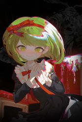 Rule 34 | 1girl, abstract background, black background, black dress, blush, bow, chair, child, danganronpa (series), danganronpa another episode: ultra despair girls, dress, ears, feet out of frame, fingernails, frilled dress, frills, full body, green eyes, green hair, hairband, headband, highres, long sleeves, looking at viewer, medium hair, neck ribbon, red bow, red chair, red hairband, red headband, red headwear, red ribbon, ribbon, simple background, smile, towa monaca, wheelchair