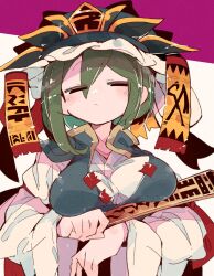 Rule 34 | 1girl, asymmetrical hair, blue hat, blue vest, blush, breasts, closed mouth, eyes visible through hair, frilled hat, frills, green eyes, hat, highres, holding, large breasts, long sleeves, looking at viewer, massakasama, rod of remorse, shiki eiki, shirt, short hair, solo, touhou, two-tone background, upper body, vest, white shirt, wide sleeves