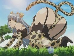 Rule 34 | 00s, 1girl, all fours, animal ears, animal print, ass, bent over, bow, cloud, elbow gloves, game cg, garter straps, gloves, grass, hair bow, high heels, kurosu yuri, lens flare, leopard print, leopard tail, long hair, magikano, non-web source, outdoors, silver hair, sky, solo, tail, thighhighs, tree