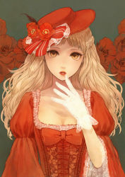 Rule 34 | 1girl, absurdres, blonde hair, bow, braid, breasts, brown eyes, center frills, cleavage, dress, finger to mouth, flower, frills, gloves, green background, hat, hat bow, hat feather, hat flower, highres, lace, lace-trimmed sleeves, lace gloves, lace trim, lipstick, long hair, looking at viewer, makeup, original, parted lips, puffy short sleeves, puffy sleeves, red bow, red dress, red flower, red hat, red lips, romiy, short sleeves, simple background, solo, upper body, white gloves, wide sleeves