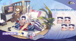 1girl, :p, artist request, azur lane, bangs, bird, brown cardigan, cardigan, character name, chick, collared dress, commentary, controller, copyright name, cushion, dress, english commentary, expressions, eyes closed, fur-trimmed headwear, game console, game controller, hair between eyes, hat, headphones, highres, long hair, long sleeves, looking at viewer, lying, manjuu (azur lane), mask, mask on head, official alternate costume, official art, on stomach, one eye closed, open mouth, promotions, red eyes, sleep mask, smile, solo, stremitelny (azur lane), stremitelny (no snow no life) (azur lane), stuffed animal, stuffed toy, teddy bear, teeth, television, tongue, tongue out, white dress, white hair