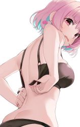 Rule 34 | 1girl, arched back, arms behind back, ass, black bra, black panties, blue hair, bra, breasts, butt crack, commentary, earrings, fang, foreshortening, from behind, from side, hiroki (yyqw7151), idolmaster, idolmaster cinderella girls, jewelry, looking at viewer, looking back, medium breasts, multicolored hair, nail polish, open mouth, panties, pill earrings, pink eyes, pink hair, pink nails, simple background, skin fang, skindentation, solo, two-tone hair, underwear, underwear only, undone bra, white background, yumemi riamu