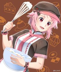 Rule 34 | 1girl, :d, apron, bow, breasts, brown background, freckles, grey hat, grey shirt, hat, hat bow, highres, holding, lisbeth (sao), looking to the side, medium breasts, necktie, open mouth, pink hair, pink necktie, red eyes, shirt, short hair, short sleeves, smile, solo, striped, striped bow, sword art online, tu tora2, twitter username, upper body, white apron, wrist cuffs