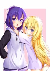 Rule 34 | 2girls, ahoge, amonndo7, ass, blonde hair, blue eyes, blush, character print, clothes writing, commentary request, drawstring, gabriel dropout, gabriel tenma white, hair between eyes, hair ornament, highres, hood, hoodie, long hair, looking at viewer, multiple girls, open mouth, outline, parted lips, pink background, purple eyes, purple hair, shirt, shorts, sleeves past wrists, standing, very long hair, vignette tsukinose april, white outline, white shirt, x hair ornament