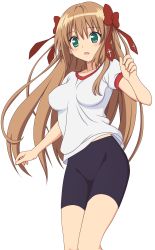 Rule 34 | 1girl, absurdres, bike shorts, blush, bow, breasts, brown hair, female focus, green eyes, hair bow, highres, impossible clothes, impossible shirt, legs, long hair, mayoi neko overrun!, open mouth, serizawa fumino, shirt, simple background, solo, tagme, thighs, white background