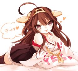 Rule 34 | 10s, 1girl, ahoge, bad id, bad pixiv id, bare shoulders, boots, breasts, brown eyes, brown hair, cleavage, cowboy shot, double bun, headgear, heart, highres, japanese clothes, kantai collection, kongou (kancolle), long hair, looking at viewer, lying, nontraditional miko, on stomach, orqz, pillow, solo, thigh boots, thighhighs, tongue, tongue out, white background, yes, yes-no pillow