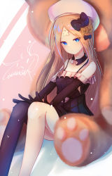 Rule 34 | 1girl, abigail williams (fate), bandaid, bandaid on face, bandaid on forehead, bare shoulders, black bow, black dress, black gloves, black thighhighs, blonde hair, blue eyes, blush, bow, breasts, crossed bandaids, detached collar, dress, elbow gloves, fate/grand order, fate (series), forehead, gloves, hair bow, hat, highres, long hair, looking at viewer, multiple hair bows, orange bow, oversized object, parted bangs, purple (jobseeking), short dress, signature, single thighhigh, sitting, small breasts, smile, solo, stuffed animal, stuffed toy, teddy bear, thighhighs, thighs, white hat