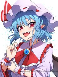 1girl :d ascot ashiroku_(miracle_hinacle) blue_hair commentary_request fangs frilled_shirt_collar frills hat highres looking_at_viewer mob_cap open_mouth purple_eyes purple_hat purple_nails purple_shirt red_ascot red_eyes remilia_scarlet shirt short_hair smile three-quarter_sleeves touhou upper_body v-shaped_eyebrows watermark white_background wrist_cuffs