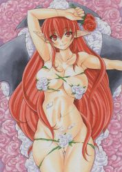 Rule 34 | 1girl, arm up, bat wings, blush, breasts squeezed together, breasts, censored, cleavage, collarbone, colored pencil (medium), convenient censoring, female focus, flower, groin, hair censor, head wings, huge breasts, koakuma, long hair, looking at viewer, lying, marker (medium), millipen (medium), navel, nude, on back, pink flower, pink rose, plant, pointy ears, red eyes, red flower, red hair, red rose, rose, smile, solo, touhou, traditional media, very long hair, vines, white flower, white rose, wings, yutakasan-love
