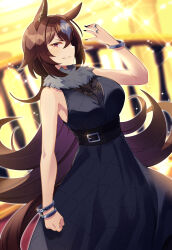 Rule 34 | 1girl, absurdres, alternate costume, animal ears, bare shoulders, black dress, black nails, blurry, blurry background, bracelet, breasts, brown hair, cleavage, commentary request, dress, ear ornament, feet out of frame, grin, highres, horse ears, horse girl, horse tail, jewelry, large breasts, long hair, matsumoto tomoyohi, multicolored hair, nail polish, red eyes, sirius symboli (umamusume), sleeveless, sleeveless dress, smile, solo, sparkle, streaked hair, tail, umamusume, very long hair, white hair