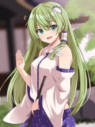 Rule 34 | 1girl, aqua eyes, bare shoulders, blue skirt, detached sleeves, frog hair ornament, green hair, hair between eyes, hair ornament, hair tubes, hand up, highres, japanese clothes, kochiya sanae, long hair, looking at viewer, nontraditional miko, open mouth, remiria100, skirt, smile, snake hair ornament, solo, touhou, upper body, white sleeves, wide sleeves