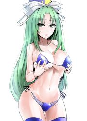 Rule 34 | 1girl, adapted costume, bare arms, bare shoulders, bikini, blue bikini, blue thighhighs, blush, breasts, cleavage, collarbone, commentary request, cowboy shot, green eyes, green hair, halterneck, hat, highres, large breasts, long hair, looking at viewer, mima (touhou), navel, parted bangs, parted lips, side-tie bikini bottom, solo, stomach, swimsuit, thighhighs, touhou, touhou (pc-98), very long hair, wizard hat, y2