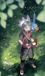 Rule 34 | 1boy, absurdres, backpack, bag, beanie, brendan (pokemon), commentary request, copyright name, creatures (company), day, fingerless gloves, flower, game freak, gen 3 pokemon, gloves, grass, green bag, grey eyes, hat, highres, holding, looking down, lower teeth only, male focus, mudkip, nintendo, on shoulder, open mouth, outdoors, pants, pants under shorts, pokemon, pokemon (creature), pokemon emerald, pokemon on shoulder, pokemon rse, shoes, short sleeves, standing, strap, teeth, tetsu (teppei), white flower, white headwear