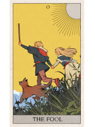 1boy 1girl artist_name blonde_hair blue_shirt brown_pants card_(medium) closed_eyes dog dungeon_meshi falin_touden foliage full_body grass holding holding_hands holding_stick hood hood_down kadeart laios_touden long_hair mountain open_mouth pants red_footwear shirt skirt sky stick sun tarot tarot_(medium) the_fool_(tarot) walking white_background white_skirt yellow_sky