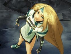 Rule 34 | 1girl, arc system works, blonde hair, blue eyes, from above, guilty gear, guilty gear xx, headband, long hair, millia rage, official art, solo, very long hair