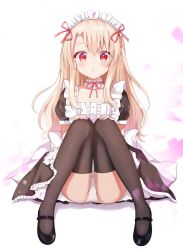 Rule 34 | 1girl, :o, alternate costume, apron, black footwear, black thighhighs, blush, brown dress, center frills, commentary request, dress, enmaided, fate/kaleid liner prisma illya, fate (series), frilled apron, frilled dress, frills, full body, hair between eyes, highres, illyasviel von einzbern, knees together feet apart, knees up, light brown hair, long hair, looking at viewer, maid, maid headdress, md5 mismatch, nasii, neck ribbon, panties, parted lips, petals, pink ribbon, puffy short sleeves, puffy sleeves, red eyes, resolution mismatch, ribbon, shoes, short sleeves, sitting, solo, source smaller, thighhighs, underwear, very long hair, white apron, white background, white panties
