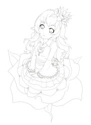 Rule 34 | 1girl, bad id, bad pixiv id, dress, flower, from above, gothic lolita, hair flower, hair ornament, highres, iorlvm, lineart, lolita fashion, long hair, monochrome, original, rose, simple background, sitting, solo, white background
