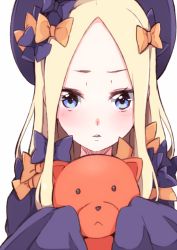 Rule 34 | 1girl, abigail williams (fate), black bow, black dress, black hat, blonde hair, blue eyes, bow, bug, butterfly, commentary request, dress, enelis, fate/grand order, fate (series), forehead, hair bow, hat, holding, holding stuffed toy, insect, long sleeves, looking at viewer, orange bow, parted bangs, parted lips, simple background, sleeves past wrists, solo, stuffed animal, stuffed toy, teddy bear, white background