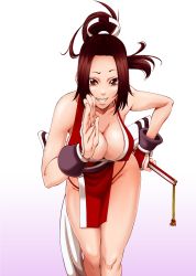 Rule 34 | 1girl, bad id, bad pixiv id, bare shoulders, bent over, bouzu oyaji, breasts, brown eyes, brown hair, cleavage, fatal fury, fingerless gloves, folded fan, folding fan, gloves, hand fan, ikumo taisuke, japanese clothes, large breasts, ninja, pelvic curtain, ponytail, revealing clothes, shiranui mai, snk, solo, the king of fighters