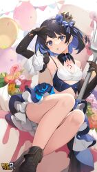 Rule 34 | 1girl, :o, absurdres, arm up, armpits, balloon, bare legs, benghuai xueyuan, birthday, black footwear, black gloves, black hair, blue eyes, blue flower, blue hair, blush, bow, breasts, cake, chest tattoo, cleavage, copyright name, crown, detached sleeves, elbow gloves, flower, food, fork, gloves, hair bow, highres, holding, holding fork, honkai (series), logo, mini crown, multicolored hair, official art, pink flower, red flower, second-party source, seele vollerei, shoes, short hair, skirt, small breasts, solo, tattoo, two-tone hair, yellow flower