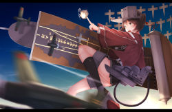 Rule 34 | 10s, 1girl, aircraft, airplane, bad id, bad pixiv id, black socks, blurry, brown eyes, brown hair, fireball, highres, kantai collection, motion blur, open mouth, pleated skirt, pointing, rerrere, ryuujou (kancolle), scroll, shikigami, single sock, skirt, sky, socks, solo, star (sky), starry sky, twintails, visor cap