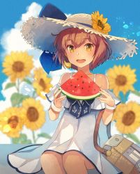 Rule 34 | 1girl, bag, blue sky, blurry, brown eyes, brown hair, cloud, commentary request, cowboy shot, day, depth of field, dress, flower, food, fruit, hat, kantai collection, kasumi (skchkko), open mouth, outdoors, round teeth, short hair, sitting, sky, smile, solo, speaking tube headset, straw hat, sun hat, sundress, sunflower, teeth, upper teeth only, watermelon, white dress, yukikaze (kancolle)