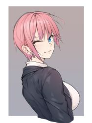 Rule 34 | 1girl, black jacket, blouse, blue eyes, blush, breasts, character request, closed mouth, commentary request, copyright request, cropped torso, earrings, from side, go-toubun no hanayome, gradient background, grey background, highres, jacket, jewelry, looking back, naidong (artist), nakano ichika, one eye closed, pink hair, shirt, short hair, smile, solo, standing, stud earrings, white shirt