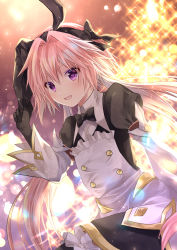 Rule 34 | 1boy, :d, alternate hairstyle, animal ears, apron, astolfo (fate), astolfo (saber) (fate), astolfo (saber) (third ascension) (fate), backlighting, black bow, black bowtie, black dress, black gloves, black hairband, blurry, blurry background, blush, bokeh, bow, bowtie, commentary request, depth of field, detached sleeves, dress, fate/grand order, fate (series), gloves, hair bow, hair intakes, hairband, highres, iroha (shiki), lens flare, long hair, long sleeves, looking at viewer, low twintails, male focus, open mouth, pink hair, purple eyes, rabbit ears, revision, smile, solo, trap, twintails, very long hair, white apron
