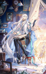 Rule 34 | 1girl, 4boys, :d, analog clock, aqua ribbon, backstage, bell sleeves, black footwear, black pants, black shirt, blue cape, blue cheese (food fantasy), blue eyes, book, boots, bottle, box, brooch, cape, chiffon cake (food fantasy), clock, confetti, curtains, flower, food fantasy, footstool, full body, hair between eyes, hand up, hanging light, highres, holding, holding quill, ink bottle, jacket, jar, jewelry, layered sleeves, long hair, long sleeves, looking at viewer, male focus, mousse (sp) (food fantasy), multiple boys, neck tassel, official art, open book, open mouth, opera cake (food fantasy), painting (object), pants, perfume bottle, picture frame, plant, pointy ears, quill, reed diffuser, ribbon, rose, shirt, sidelocks, sleeve ribbon, smile, solo focus, spanish paella (food fantasy), stage, stool, tailcoat, thigh boots, third-party source, tiara, very long hair, vines, white flower, white hair, white jacket, white rose