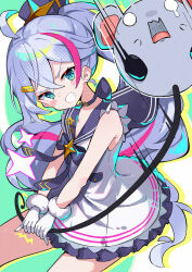 Rule 34 | 1girl, ahoge, astral party, bare shoulders, black ribbon, black sailor collar, blue eyes, blush, blush stickers, collarbone, cowboy shot, dot nose, dress, drop shadow, floating hair, frilled dress, frills, from side, gloves, grey hair, highres, koi (astral party), legs apart, long hair, looking at viewer, multicolored hair, neck ribbon, omochishiki, pink hair, pleated dress, ponytail, ribbon, sailor collar, sailor dress, sidelocks, sleeveless, sleeveless dress, solo, streaked hair, thighs, v-shaped eyebrows, very long hair, white gloves