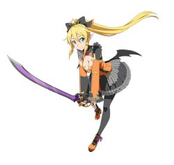 Rule 34 | 1girl, black bow, black pantyhose, black skirt, blonde hair, bow, breasts, cleavage, detached sleeves, floating hair, frilled skirt, frills, full body, green eyes, hair between eyes, hair bow, high ponytail, holding, holding sword, holding weapon, leafa, long hair, looking at viewer, medium breasts, pantyhose, pointy ears, purple ribbon, ribbon, skirt, solo, sword, sword art online, transparent background, very long hair, weapon