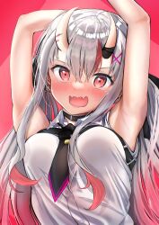 Rule 34 | 1girl, absurdres, armpits, arms up, black choker, black necktie, black ribbon, blush, breasts, choker, collared shirt, commentary request, earrings, embarrassed, eyelashes, fang, gradient hair, grey hair, hair between eyes, hair ornament, hair ribbon, highres, hololive, horns, jewelry, long hair, looking at viewer, medium breasts, multicolored hair, nakiri ayame, nakiri ayame (streetwear), necktie, official alternate costume, open mouth, pink background, pink eyes, pink hair, red hair, ribbon, shadow, shiny skin, shirt, short sleeves, sidelocks, skin-covered horns, skin fang, solo, streaked hair, terra bose, upper body, virtual youtuber, white shirt, x hair ornament
