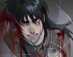 Rule 34 | 1boy, black eyes, black hair, black shirt, blood, blood on face, blood on mirror, broken mirror, brown jacket, clenched teeth, commentary request, crack, cracked glass, hair between eyes, highres, itou kaiji, jacket, kaiji, korean commentary, long bangs, long hair, looking at viewer, male focus, mirror, panespaghetti, shirt, solo, teeth, undershirt, upper body