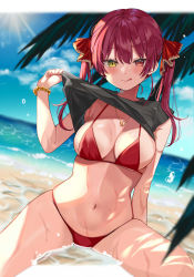 Rule 34 | 1girl, :q, absurdres, bare shoulders, beach, bead bracelet, beads, bikini, black shirt, blurry, bracelet, breasts, cleavage, closed mouth, clothes lift, day, depth of field, hair ribbon, hand up, heterochromia, highres, hololive, houshou marine, jewelry, large breasts, long hair, looking at viewer, navel, necklace, ocean, outdoors, red bikini, red eyes, red hair, ribbon, satoupote, shirt, shirt lift, sky, sleeveless, sleeveless shirt, smile, solo, stomach, string bikini, sun, sunlight, swimsuit, thighs, tongue, tongue out, twintails, virtual youtuber, water, wet, yellow eyes
