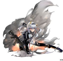 Rule 34 | 1girl, absurdres, ak-200, ak-200 (girls&#039; frontline) (shangguan le hei), ammunition belt, ammunition pouch, animal ears, arm behind back, assault rifle, black footwear, black gloves, black hairband, black jacket, black thighhighs, body armor, boots, breasts, cat ears, character name, chinese commentary, closed mouth, concept art, concert, fingerless gloves, full body, girls&#039; frontline, gloves, grey hair, griffin &amp; kryuger, gun, hair ornament, hairband, hairclip, hand on floor, highres, holding, holding gun, holding weapon, jacket, kalashnikov rifle, long hair, long sleeves, looking away, on one knee, original, pouch, red eyes, rifle, shangguan le hei, smoke, solo, tactical clothes, thighhighs, torn clothes, torn thighhighs, transparent background, weapon, white background