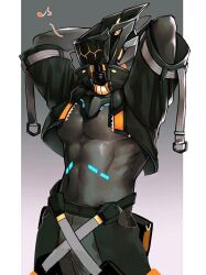 Rule 34 | 1boy, abs, arms behind head, protagonist (pso2), bara, black bodysuit, black shorts, bodysuit, collared jacket, cropped jacket, cyborg, glowing, gradient background, grey background, hakidashi 11, jacket, male focus, masked, muscular, muscular male, musical note, open clothes, open jacket, phantasy star, phantasy star online 2, robot ears, shorts, simple background, skin tight, solo, upper body