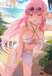 Rule 34 | 1girl, alternate costume, beach, bikini, blue sky, blush, breasts, criss-cross halter, day, eyewear on head, halterneck, highres, hololive, hololive english, kirachamo, kneeling, large breasts, long hair, looking at viewer, mori calliope, navel, ocean, outdoors, palm tree, parted lips, pink eyes, pink hair, pink nails, sarong, sky, smile, solo, sunglasses, swimsuit, tree, virtual youtuber, white bikini, white sarong