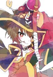 Rule 34 | 1girl, :p, black cape, black gloves, blush, brown hair, cape, collarbone, fingerless gloves, gloves, hat, holding, holding staff, ixy, kono subarashii sekai ni shukufuku wo!, long sleeves, looking at viewer, megumin, red eyes, red shirt, shirt, short hair with long locks, simple background, solo, staff, tongue, tongue out, upper body, white background, witch hat