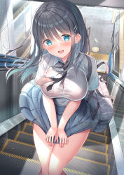 Rule 34 | 1girl, backpack, bag, black hair, black necktie, blue eyes, breasts, clothes lift, collared shirt, commentary request, highres, large breasts, looking at viewer, necktie, original, school uniform, shirakawako, shirt, skirt, skirt lift, skirt tug, solo, stairs, subway station, wind, wind lift