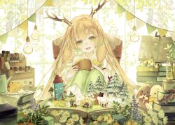 Rule 34 | 1girl, nanashi inc., animare, blonde hair, book, chair, character request, copyright request, cup, deer girl, flower, fork, green eyes, green skirt, highres, holding, holding cup, horns, lamp, light bulb, long hair, long sleeves, looking at viewer, moomin, open book, open mouth, shirt, sitting, skirt, solo, string of flags, stuffed animal, stuffed rabbit, stuffed toy, teeth, upper teeth only, virtual youtuber, white shirt, yoggi (stretchmen)