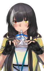Rule 34 | black gloves, black hair, breasts, drinking, girls&#039; frontline, gloves, highres, jacket, kojima (blue stardust), looking at viewer, multicolored eyes, multicolored hair, ro635 (girls&#039; frontline), shirt, simple background, solo, twintails, yellow jacket, yellow shirt