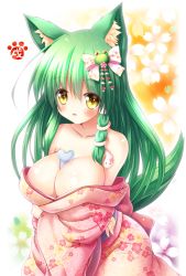 Rule 34 | 1girl, animal ears, bare shoulders, blush, breasts, cleavage, frog, frog hair ornament, green hair, hair ornament, highres, japanese clothes, kimono, kochiya sanae, large breasts, long hair, open mouth, osashin (osada), snake, snake hair ornament, solo, tail, touhou, wide sleeves, wolf ears, yellow eyes